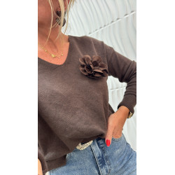 Pull marron fleurs